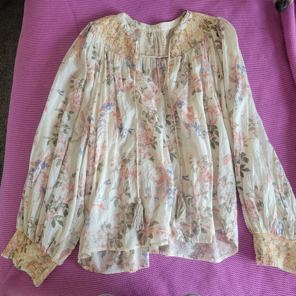 Anthropologie Peasant Blouse Floral Metallic